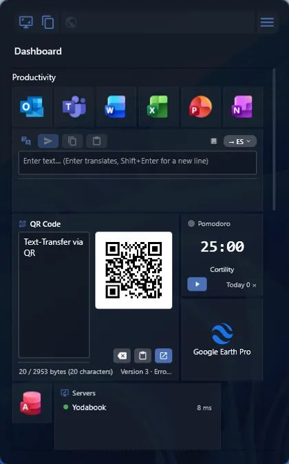 Kompaktes Cortility-Dashboard mit Widget-Kacheln: Übersetzer, QR-Code, Pomodoro und Server-Status