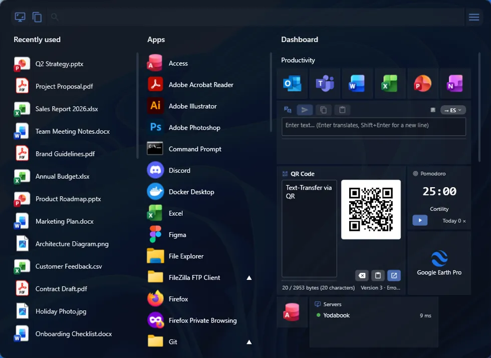 Cortility-Dashboard mit zuletzt verwendeten Dateien, App-Liste und Kachel-Gruppen