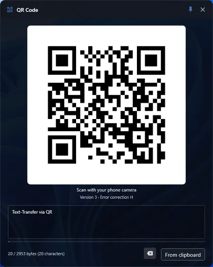 QR-Code-Kachel: kurzen Text als QR-Code anzeigen und mit der Smartphone-Kamera übernehmen