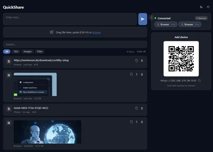QuickShare-Weboberfläche mit verbundenen Geräten, Übertragungsverlauf und QR-Code zum Verbinden