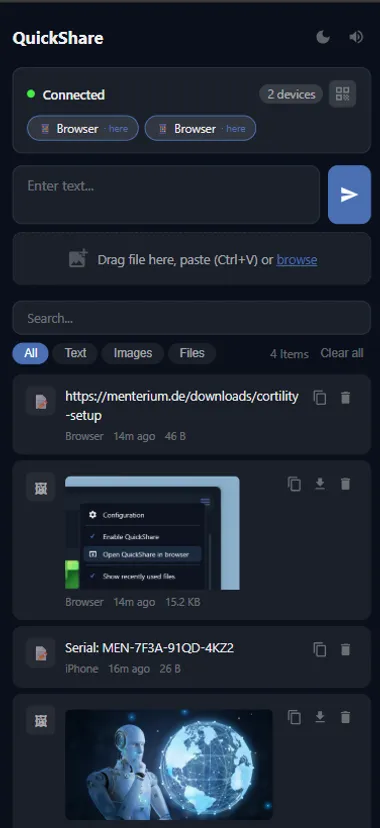 QuickShare auf dem Smartphone: dieselbe Oberfläche im mobilen Browser