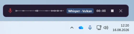 Cortility-Aufnahme-Overlay mit Live-Wellenform, Whisper-Engine und Dauer über der Windows-Taskleiste